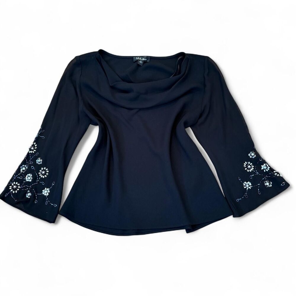 S.L. Fashion Cowl Neck Flowy top with beaded flare sleeves size 14